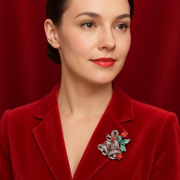 Christmas Bells Pin Brooch Silvertone Holly Rhinestones Red Green OS - Picture 1 of 12